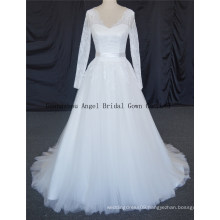 V Neck Lace A Line Bridal Sweep Train Wedding Gown